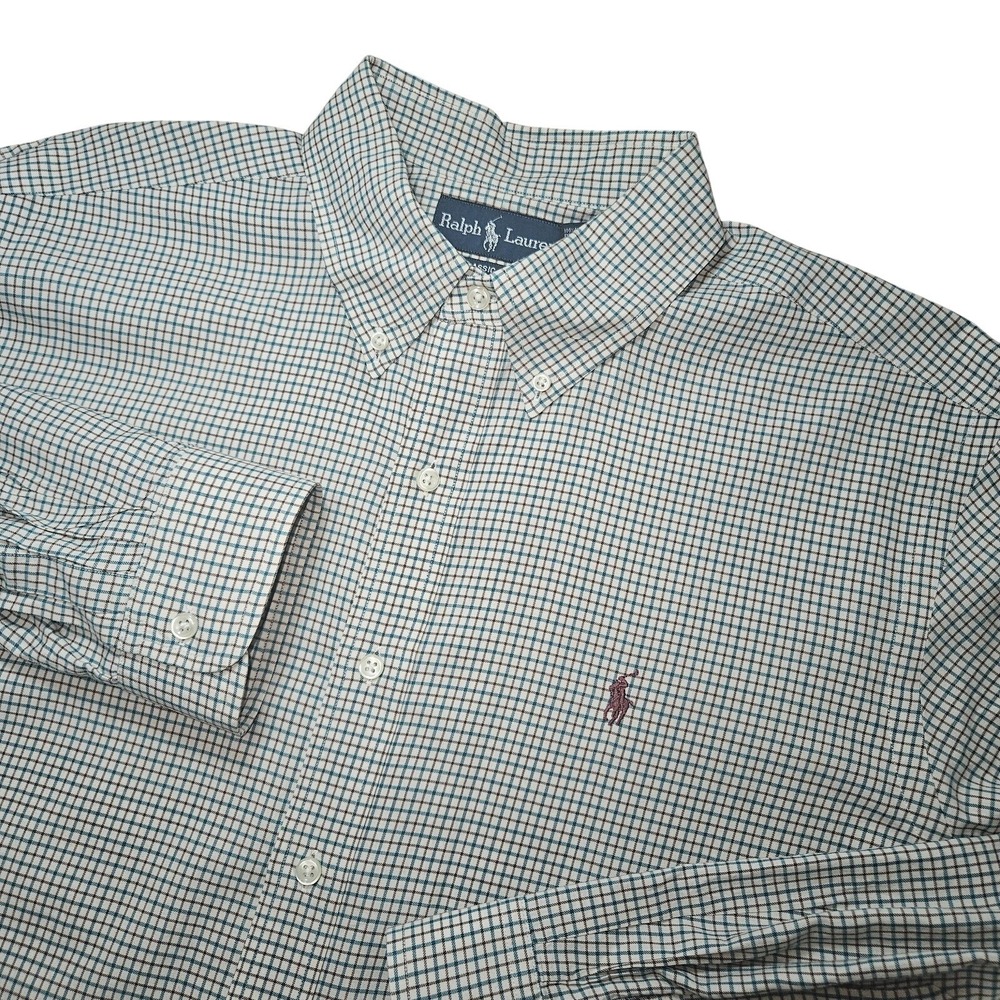 Ralph Lauren Shirt Men XL Blue Brown Check Classic Fit Button Down Cotton Preppy